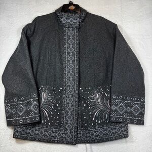 Nygard Collection Wool Jacket Womens Size 14 Grey Embroidered grandmacore